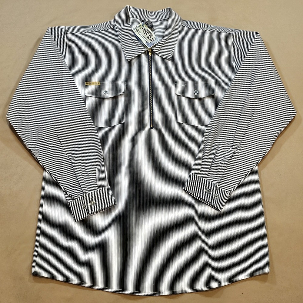 Vintage Prison Blue Hickory Striped 1/2 Zip Mens L Made in USA Heavyweight